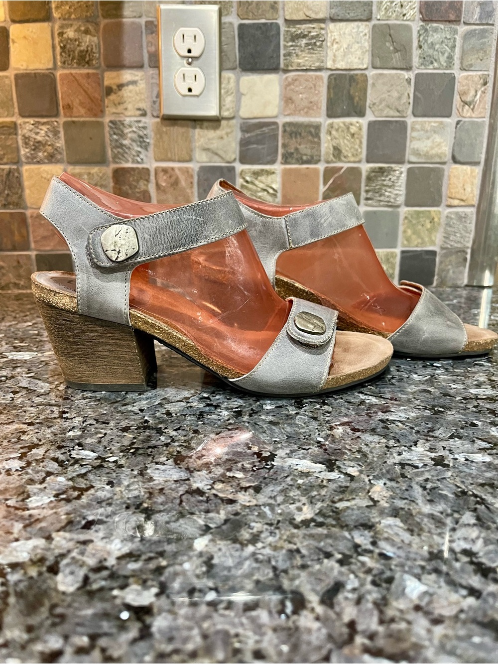 Taos Envy Pewter Leather Sandals with Heel & Silver Button Detail 38/7-7.5